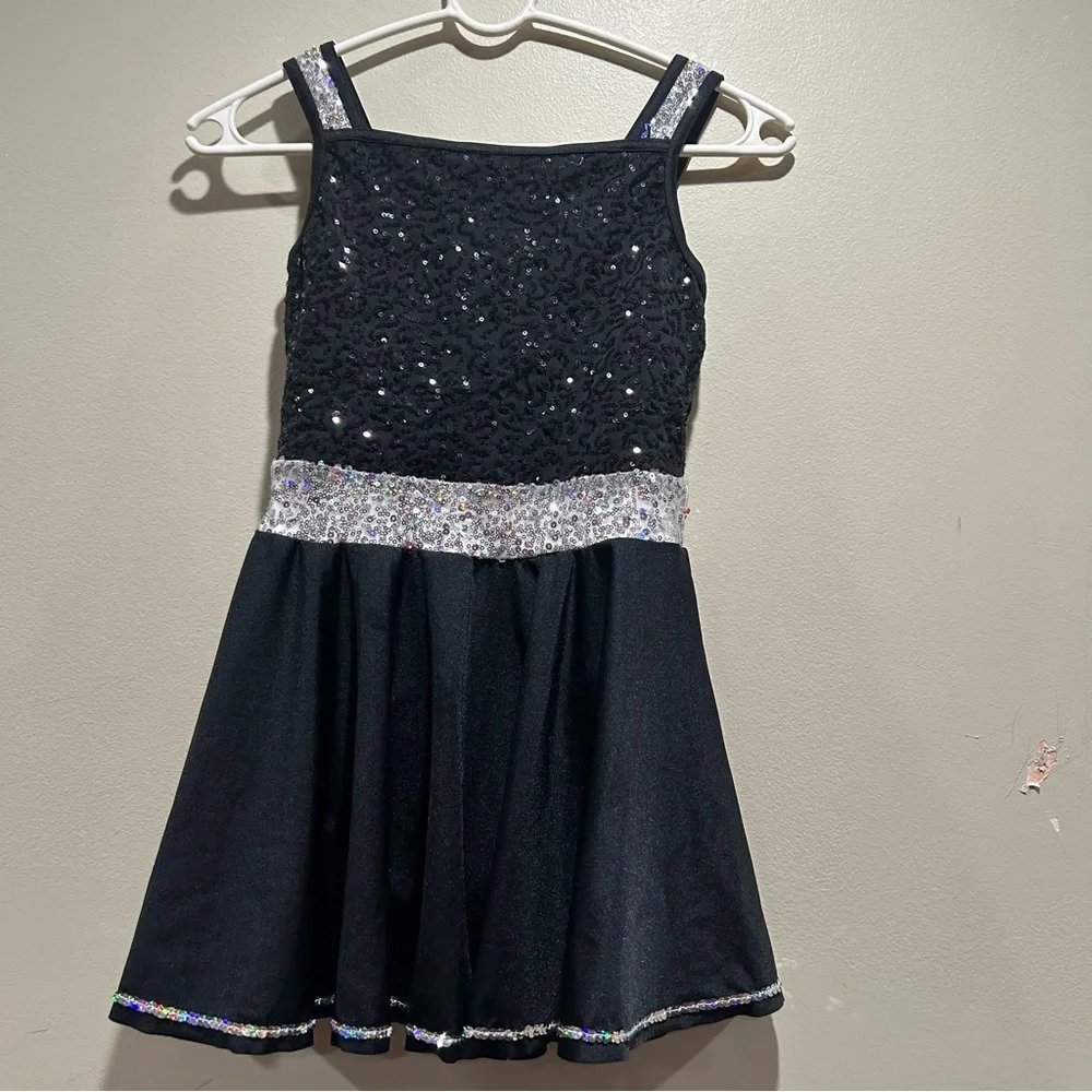 Weissman Black and Silver Sequin Kids One Piece dance dress. Size 10 year old.